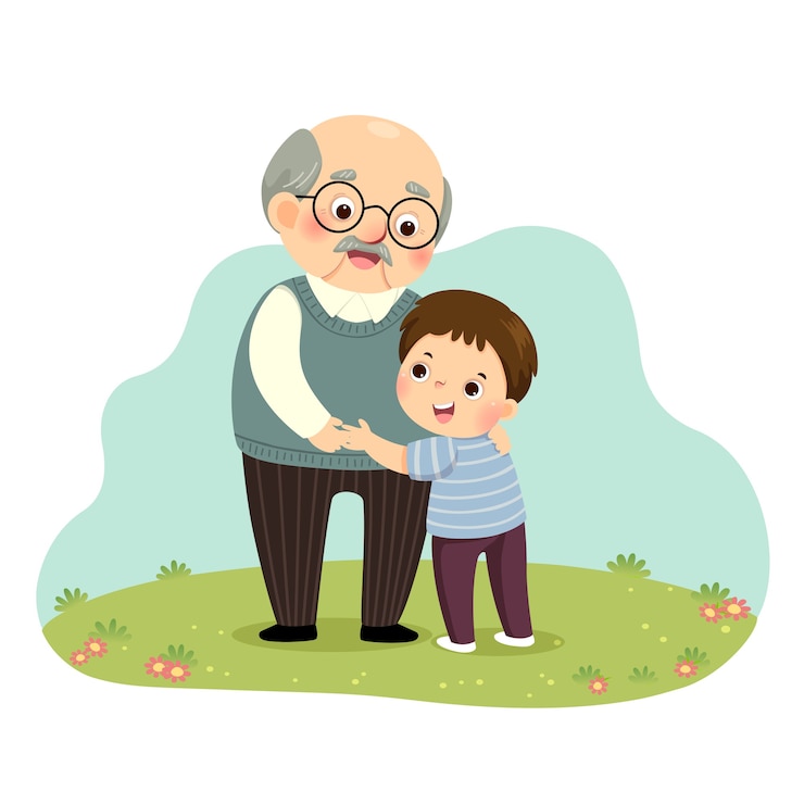 Vector 공원에서 그의 할아버지를 포옹하는 어린 소년의 그림 만화.