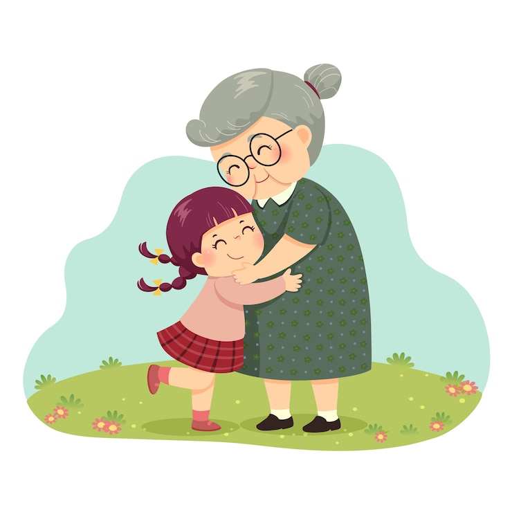Vector 공원에서 그녀의 할머니를 포옹 어린 소녀의 그림 만화.