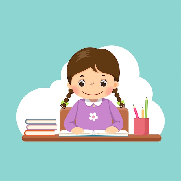  illustration of a cartoon little girl reading a book on the desk.