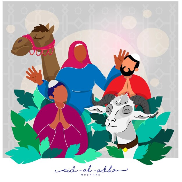 Vector illustration of cartoon muslim people with goat, camel animal and green leaves on gray islamic pattern background for eid-al-adha mubarak.