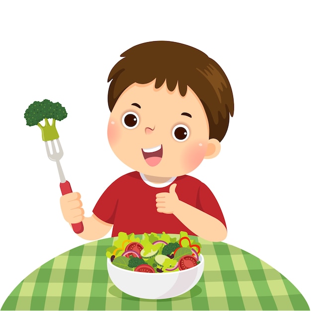 Вектор Иллюстрация мультфильм маленький мальчик ест салат из свежих овощей и показывает палец вверх знак.