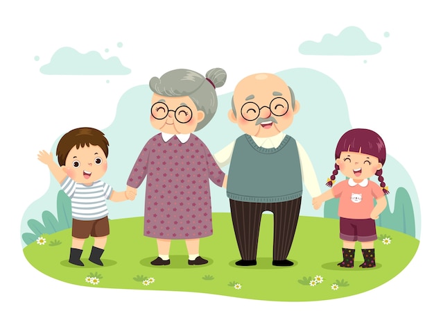 公園で手をつないで立っている祖父母と孫のイラスト漫画。幸せな祖父母の日のコンセプト。