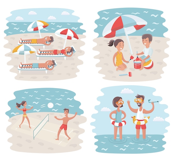 illustration of cartoon scenes of Sunny Day in Crowded Beach