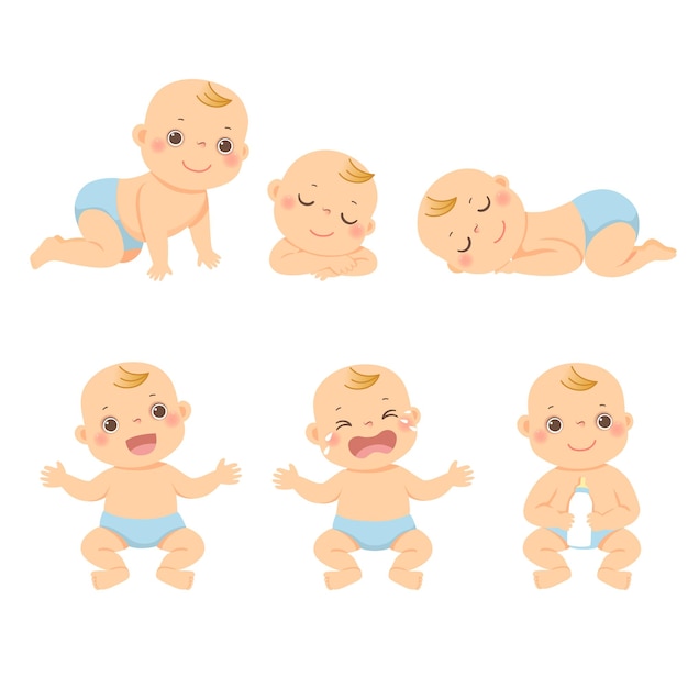 ベクトル さまざまな活動のかわいい小さな赤ちゃんや幼児の男の子のイラスト漫画セット。