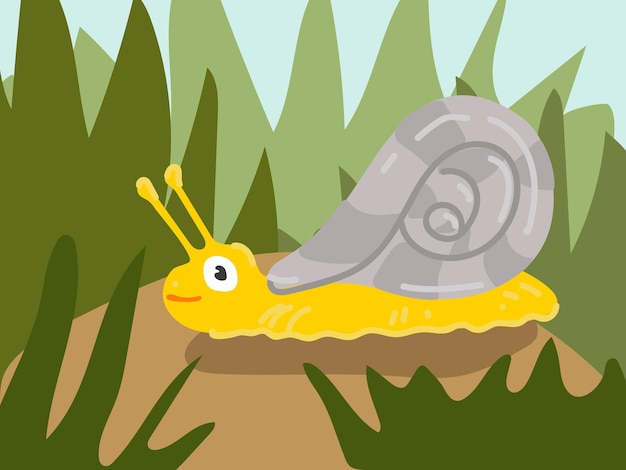 illustration of a cartoon snail in the grass on the ground an illustration with a funny snail