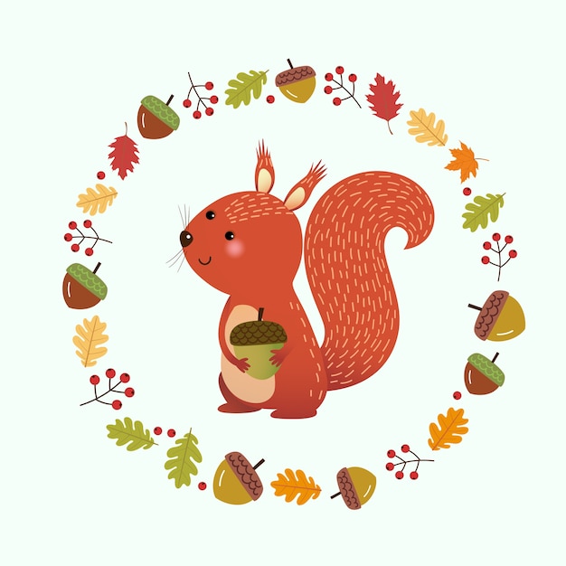 Illustration cartoon squirrel with wreath made of autumn leaves and berries. hello autumn background.