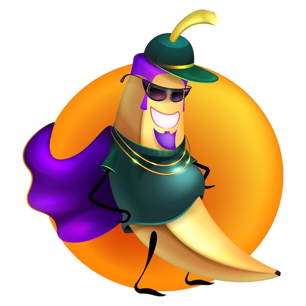 Illustration of a cartoon superhero banana wearing sunglasses and a black cape Vector illustration