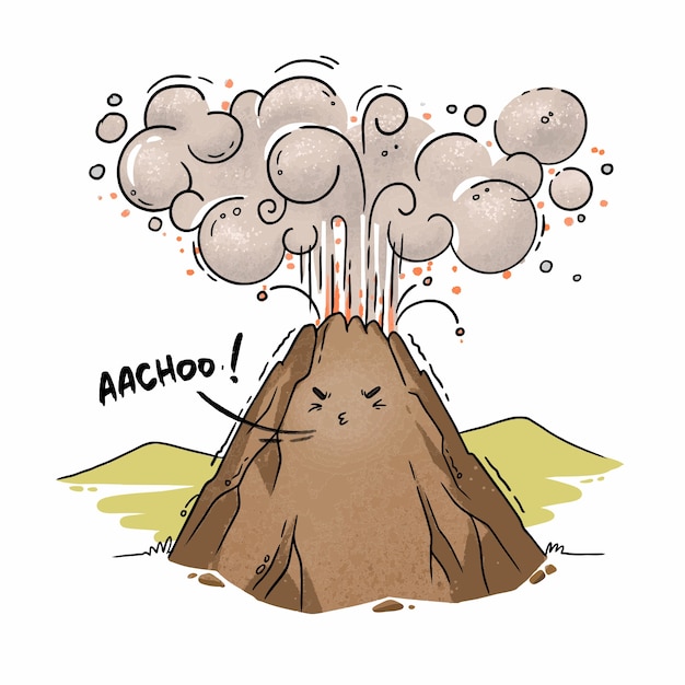 Illustration of cartoon volcano sneezing ash eruption