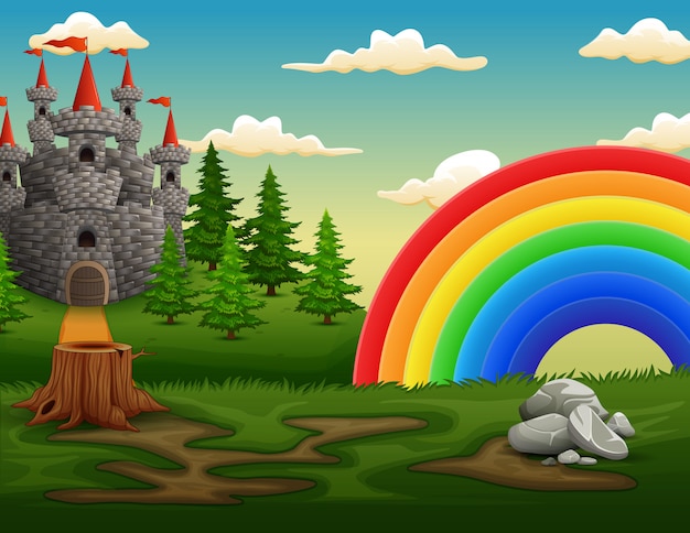 Illustrazione di un castello sulla sommità con un arcobaleno