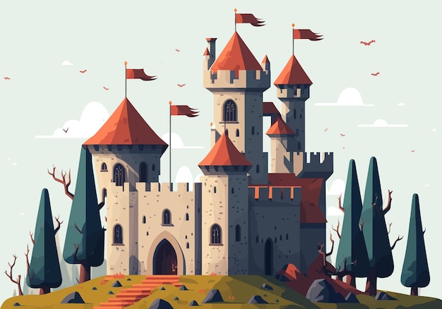 Иллюстрация На горизонте вырисовывается замок интересные формы башен холм легенда волшебная история генеративный ИИ холм стилизованный под елочку замок покрытый острыми крышами векторная иллюстрация