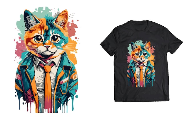 Вектор Иллюстрация кошачьего лица с красочными брызгами может быть использована для дизайна плакатов с логотипом футболки