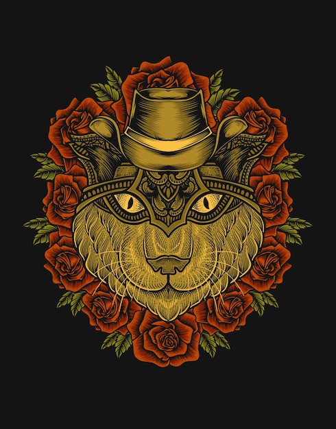 Иллюстрационная голова кошки с цветком розы