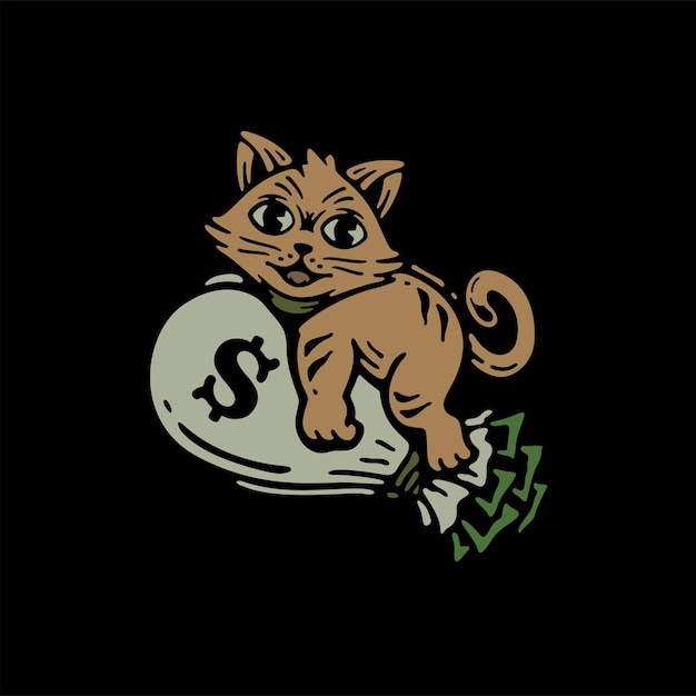 illustration of a cat hugging a money bag with doodle design