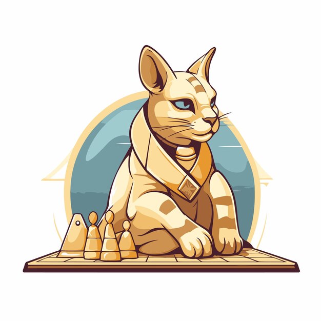 Vector illustration of a cat playing chess isolated on a white background
