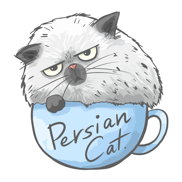 Illustration of a Cat sitting in a cup, funny cute cartoon cat