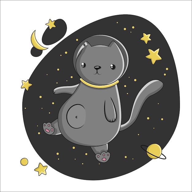Illustrazione gatto nello spazio astronauta carino nero