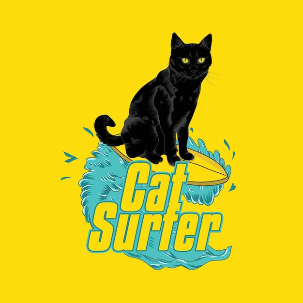 Иллюстрация кошки, занимающейся серфингом на волне на желтом фоне