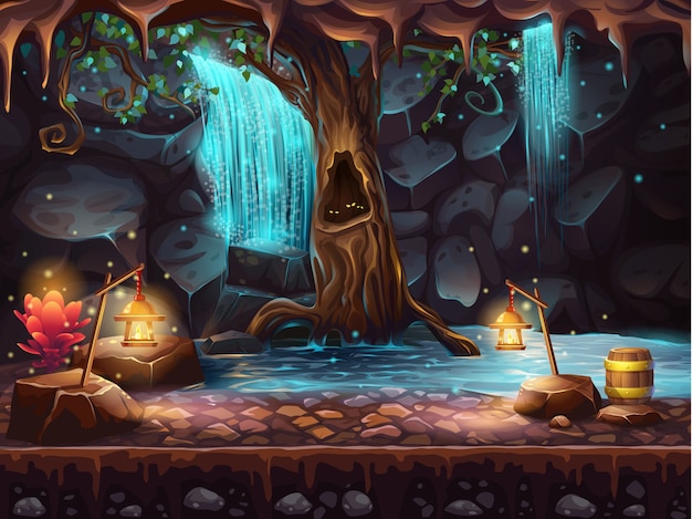 Illustration of the cave with a waterfall and a magic tree and barrel of gold