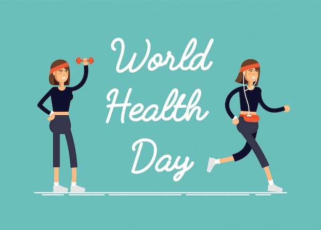 Vector illustration celebratory card world health day with feamel performing physical exercise, fitness workout, sports.