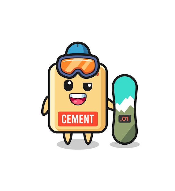Illustrazione del personaggio del sacco di cemento con un design carino in stile snowboard