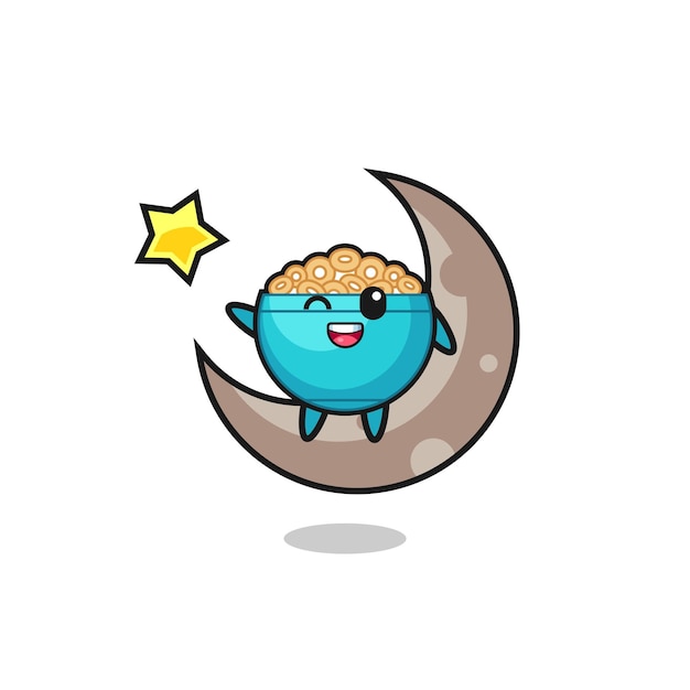 Illustration of cereal bowl cartoon sitting on the half moon