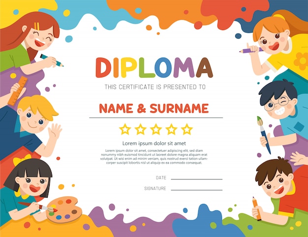 Illustration of certificate kids diploma, cute children have fun and ready to get painting together.