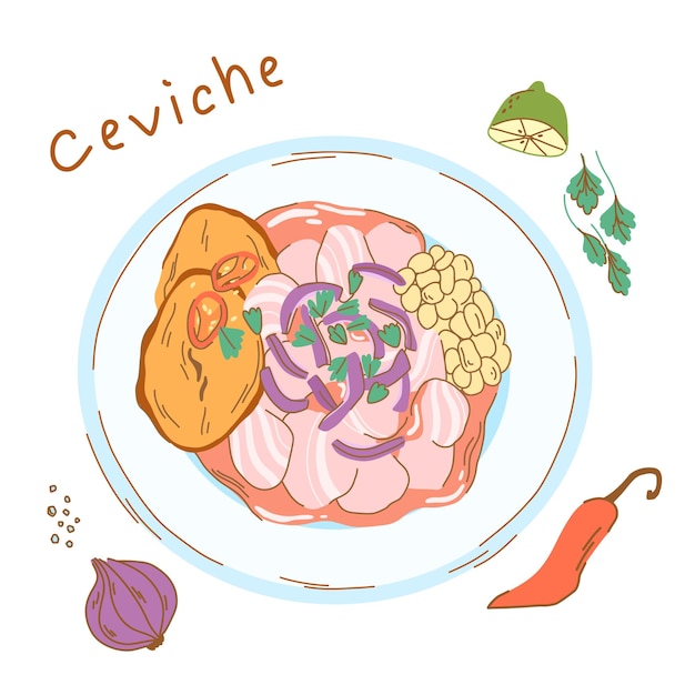 illustration of a ceviche dish on a plate with sweet potato, corn and hot peppers. Fish fillet.