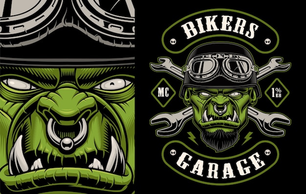  illustration of a character biker with crossed wrenches on the dark background. Layered, text and other elements are on the separate groups.