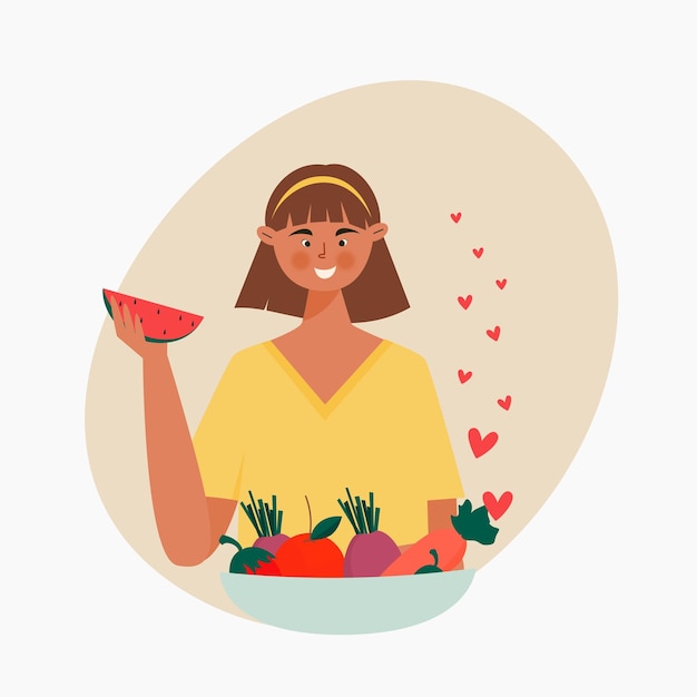 Vector illustration character of girl love eat fruits and vegetable world vegan day vector illustration