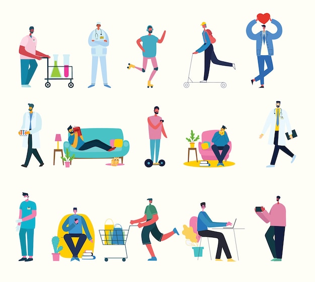 Set di caratteri di illustrazione dell'uomo d'affari intelligente in varie attività, azione, gesto, nella vita lavorativa quotidiana