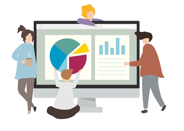 Illustration of characters with business charts