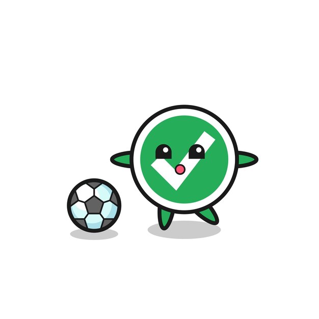 Vector illustration of check mark cartoon is playing soccer