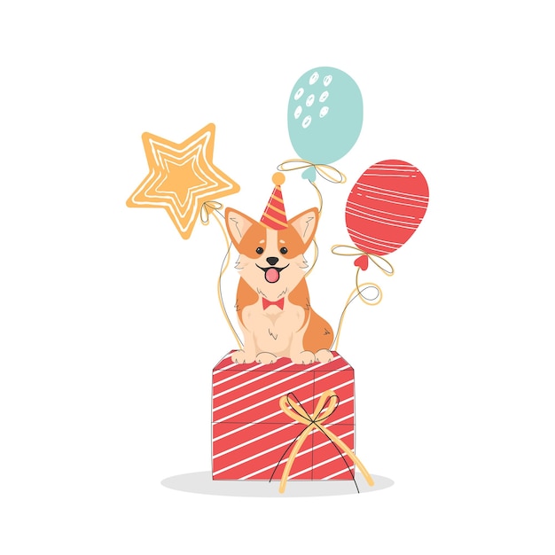 Vettore illustrazione di un corgi allegro seduto su regali con palloncini per biglietti di auguri su un bianco