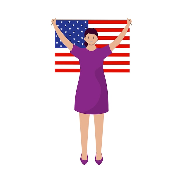 Vector illustration of cheerful girl holding american flag