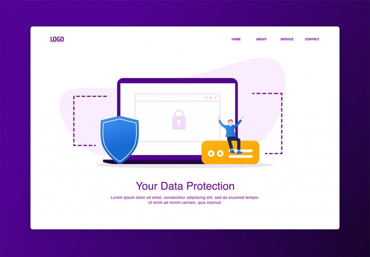 Vector illustration of cheerful man sitting on the external hard disk with laptop and shield. modern flat design security concept, landing page template.