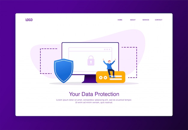 Illustration of cheerful man sitting on the external hard disk with monitor and shield. modern flat design security concept, landing page template.