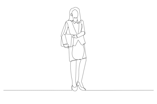 Illustration of cheerful young business woman posing and carrying suitbag single line art style