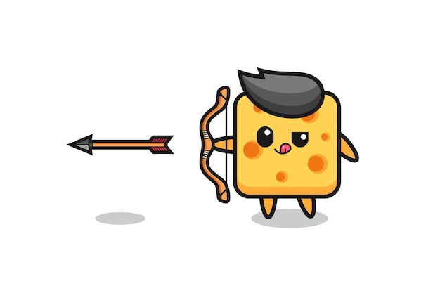 Vector illustration of cheese character doing archery