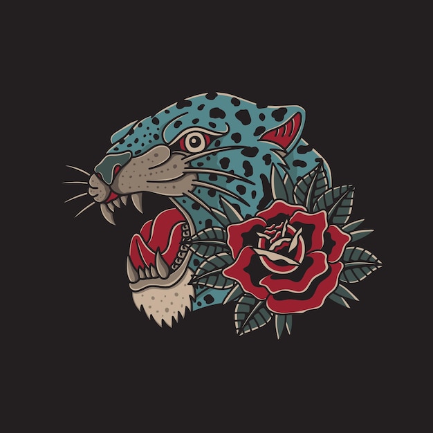 Vector illustration of cheetah and roses with old school traditional tattoo style