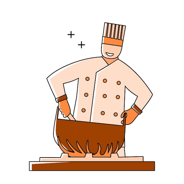 Illustration of a chef cooking seafood using a flat design outline style