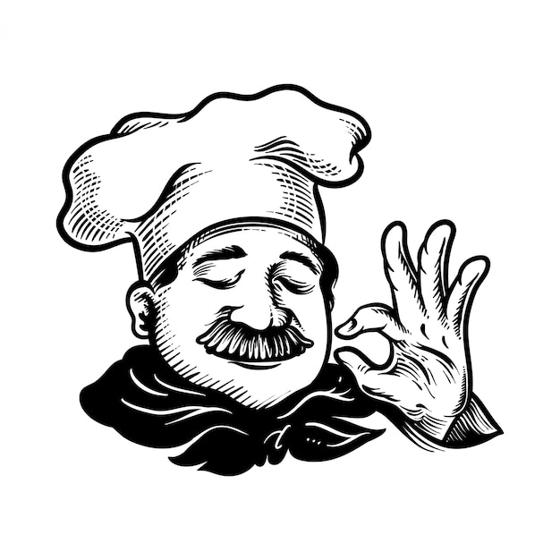 Vettore illustrazione del cuoco unico con il segno giusto delizioso della mano