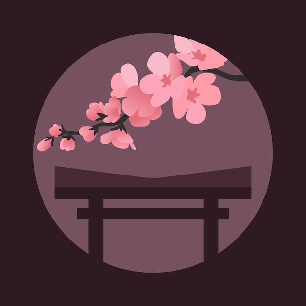 Illustration of cherry blossoms and japanese gate