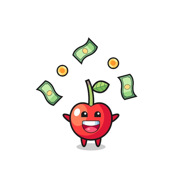 Vector illustration of the cherry catching money falling from the sky , cute design