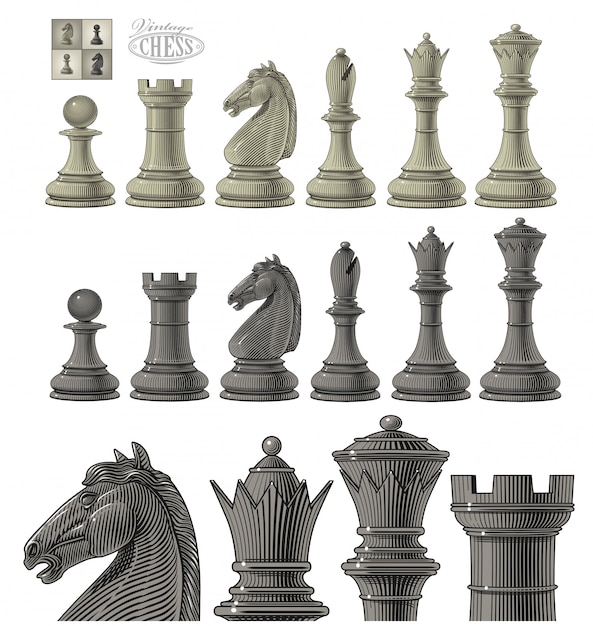 Vector illustration of chess piece set in vintage engraving style