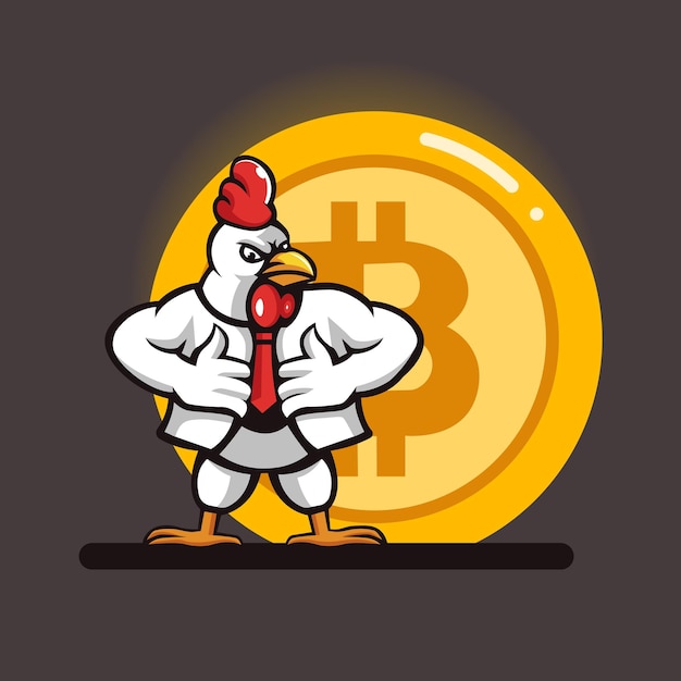 Illustration of chicken manager wearing tie with crypto currency coin