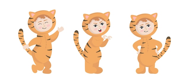 Illustrazione bambino in costume di carnevale animalecartoon bambino in un costume da tigre in diverse pose