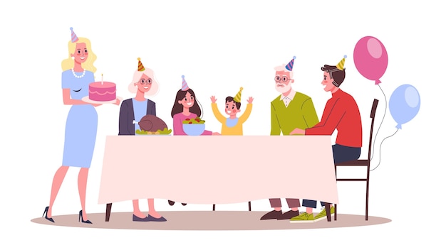 Illustration of child birthday party. parents congradulate their kid. happy family celebrate a birthday.