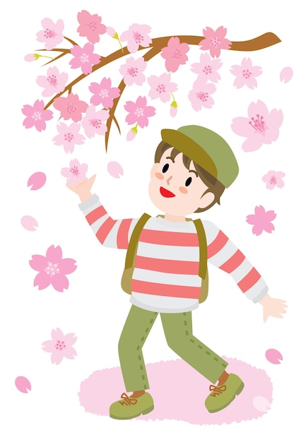 春に桜を見ている子供のイラスト