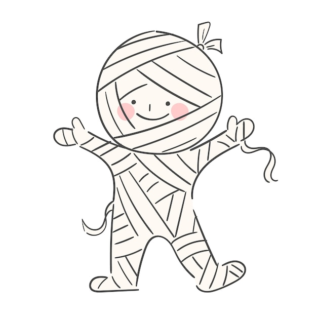 An illustration of a child dressed in a mummy costume for halloween.