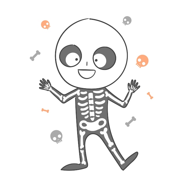 An illustration of a child dressed in a skeleton costume for Halloween.